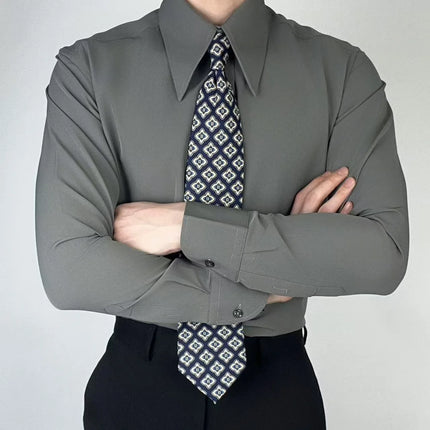 2025 New High Quality Lapel Men Shirt Wrinkle-Free Slim Fit Business Casual Shirt Solid Color Retro Gray Men Dress Shirt
