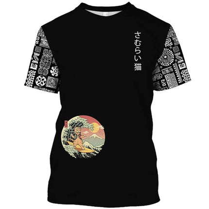 Japanese Samurai Cat Print T Shirt For Men Casual Simplicity O-neck Short Sleeve Fashion Trend Harajuku Streetwear Oversized Top