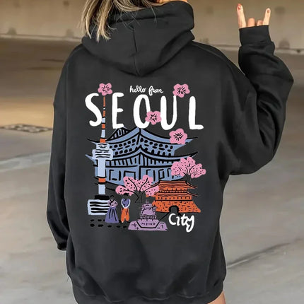 Seoul Beautiful Scenery Printing Womens Hooded Warm Fleece Comfortable Hoodies Simple Soft Hoodie Street Casual Loose Pullover