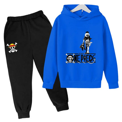 Boys Hoodie and Sweatpants Set for 3-12 Years Japanese Anime One Piece Luffy Zoro Kids Girls Casual Hooded Sweatshirt Tops