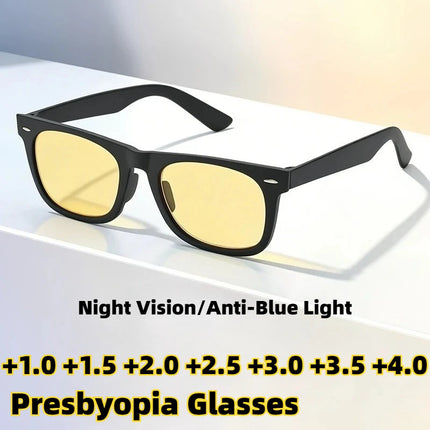 2026 New Square-Frame Night Vision Presbyopia Glasses High-Definition Anti-Blue Light Reading Eyewear UV-Protection Goggles