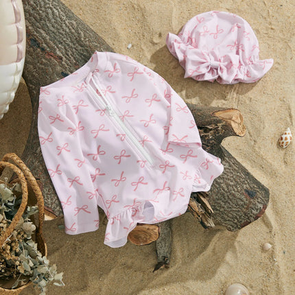 MISOWMNJOY Princess Baby Girl Swimwear Long Sleeve Rash Guard Beach Swimsuit Bow/Cherry Print Toddler Bathing Suit with Sun Hat