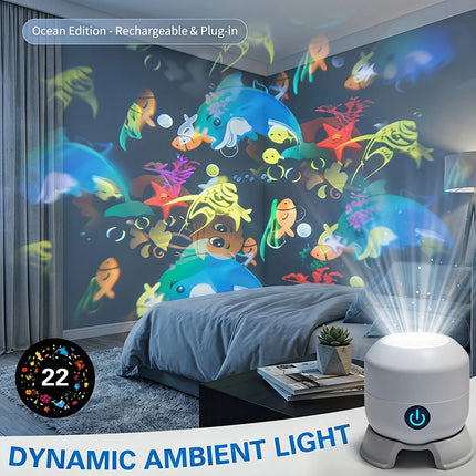 LED Ocean Projector Light USB Powered LED Night Light 360° Rotating Dynamic Atmosphere Lamp for Living Room Bedroom Game Decor