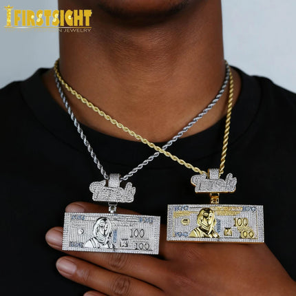 Iced Out Bling Time Is Money Pendant Necklace Silver Color Cubic Zirconia Us Dollar Cash 100 Letter Charm Hip Hop Men Jewelry
