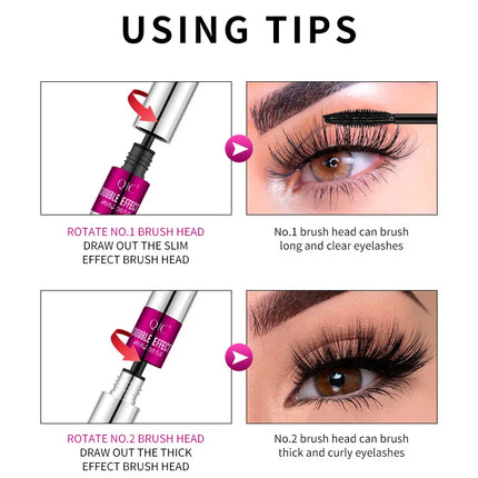 QIC Double Effect 4D Mascara Waterproof Long Curl Natural Thick Eyelash 2-in-1 Black Mascara with 2 Brush Heads