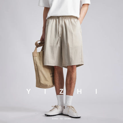 Men's Lyocell Cotton Shorts 2026 Summer Solid Color Drawstring Elastic Waist Wide Leg Five Points Sports Casual Pants