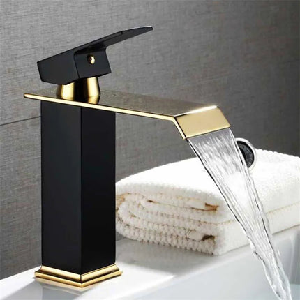 Basin Faucet Gold and Black Waterfall Faucet Brass Bathroom Faucet Bathroom Basin Faucet Mixer Tap Hot and Cold Sink faucet