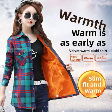 Thickened Fleece Women's Long Sleeve Shirt Warm Slim Fit Midi Length Plaid Korean Style Fashionable Women's Button-up Top