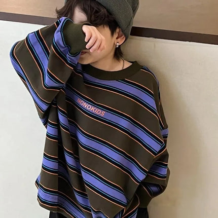 Boys Long Sleeved T-shirt for Spring and Autumn Korean Version Loose Casual Striped Top Mid Size Childrens Autumn Outfit