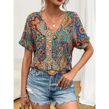 Plus Size 0XL-5XL Women's Fashionable V-neck Printed Casual and Comfortable Short Sleeved Shirt