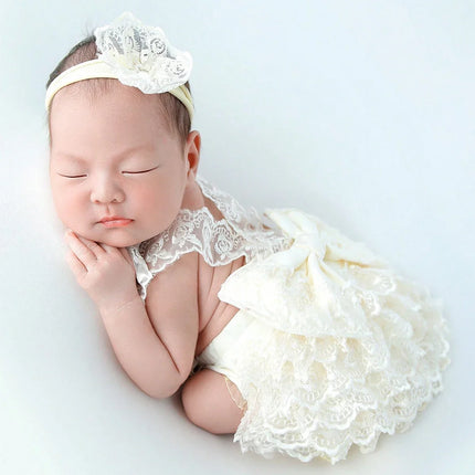 2Pcs Newborn Photography Outfits Big Bowknot Baby Lace Romper with Hairband Blue Suspender Trousers Photo Shooting Overalls