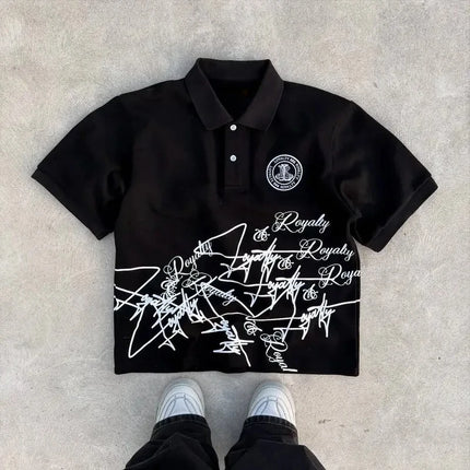 Men's Summer Retro American-style Trendy Men's Short-sleeved Polo Shirt with Graffiti Print Dark Street Style Outfit