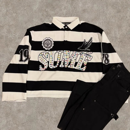 Y2K Retro Long Sleeve Polo Stripe Sume Embroidery Pattern Shirt Men Trend Sport Hip Hop Casual Streetwear Unisex Boxy Clothing