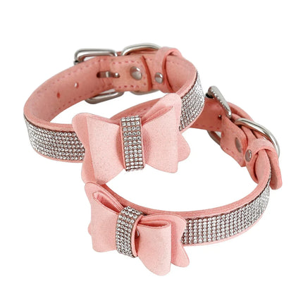 Luxury Pink Leather BDSM Set Rhinestone Bow Choker Collar with Handcuffs Ankle Cuffs Slave Role Play Fetish Gear for Women