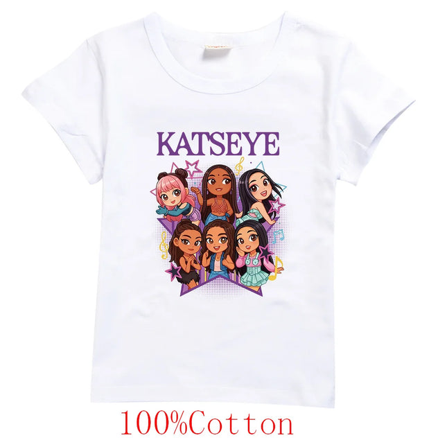 Hot Katseye Funny Print T-Shirt Kids Clothes Baby Girls 100% Cotton Short Sleeve Tops Junior Boys T-shirt Children Clothing 9197