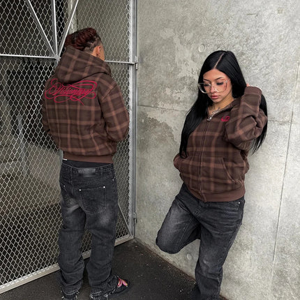 Plaid color matching retro American high street embroidery pattern zipper hooded sweater 2026 new unisex street fashion cardigan