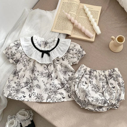 2024 New Summer Toddler Baby Girl Clothes Set Girls Short Sleeved Cotton Printed Shirt+PP Shorts 0-3Yrs Children Clothing Suit