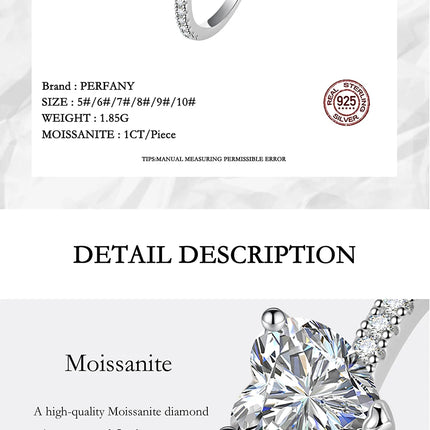 PERFANY 1/2CT Heart Cut Moissanite Ring for Women S925 Pure Silver Shiny Laboratory Diamond Engagement Luxury Jewelry