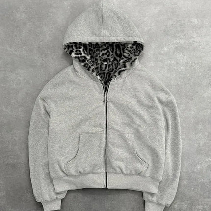 2025 New Unisex Hooded Sweatshirt with Leopard Print Lining Pocket, Loose Cardigan, Zipper Sweatshirt, Street Style, Double-Side