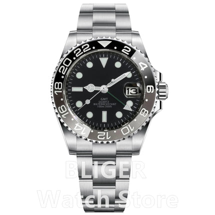 BLIGER 40mm 515 24H GMT Men's Watch Stainless Steel Clasp Luminous Quartz Movement Ceramic Bezel Sapphire Glass 10Bar Waterproof