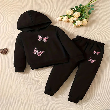 Baby Girl Baby Fashion Butterfly Pattern Hoodie+Sports Pants Two Piece Set Spring and Autumn Gift