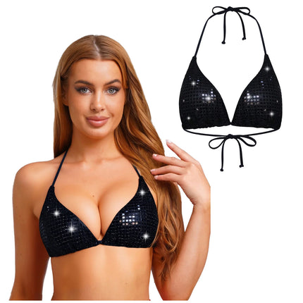 Women Sissy Metallic Shiny Bikini Top Triangle Cup Backless No-wire No-Pad Lace-up Bra Top Beachwear Swimsuit Underwear Brassier