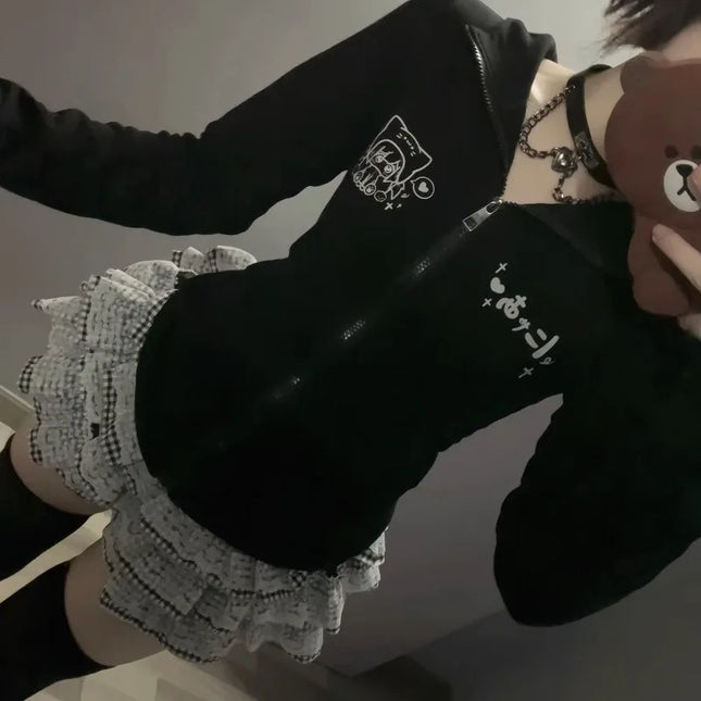 Harajuku Japan Fashion Slim Fit Coats Cute Kartoon Print Autumn All Mathc Y2k Aesthetic Clothing High Street Punk Women Sweaters