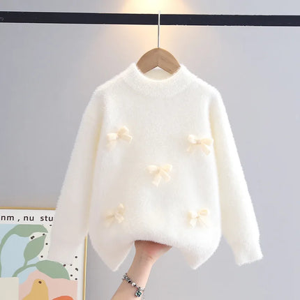 2025 Sweaters for Kids Girls Winter Warmer Bow-tie Sweater Fluffy Flocking Knitted Tops Outfit Student Princess Clothing IY08151