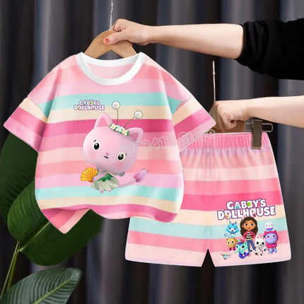 Gabby Dollhouse Children Summer Clothes Shorts Suit 2pcs Striped T-shirt Set Kid Tops Girl Tracksuits Outfits Boy Sport Tee Gift