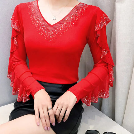 2025 Autumn New Style Mesh Tops Korean Fashion Round Neck Ruffles Shirt Lotus Leaf Edge Hot Diamond Long Sleeve Women T Shirt