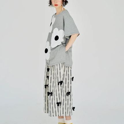 imakokoni original applique pure cotton gray T-shirt pullover short-sleeved shirt casual loose large size summer female 223602
