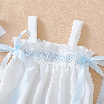 Baby Girl Summer Romper Floral Jacquard Sleeveless Suspender Romper with Satin Bow