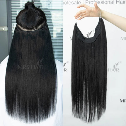 #1 Jet Black Fish Line Wire Hair Extensions Invisible Clip in Human Hair Extensions 4 Clips Real Natural Hair 12-24Inch