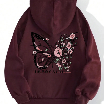 Rose Butterfly Impossible Letter Graphic Print Women Sweatshirt Fashion Warm Hooded Loose Casual Hoodies Fleece Soft Clothing