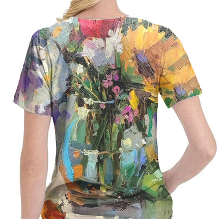 New Spring and Summer Collection! Oil Painting Floral Bottle 3D Printed Personalized T-shirt, Slim and Versatile Top for Women