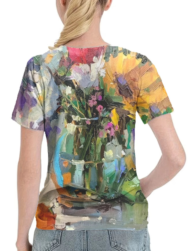 New Spring and Summer Collection! Oil Painting Floral Bottle 3D Printed Personalized T-shirt, Slim and Versatile Top for Women