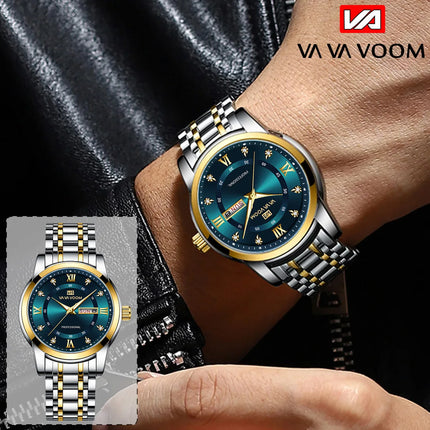 VA VA VOOM Luxury Watch Men Gold Blue Rhinestone Stainless Steel Business Style Original Quartz Movement Week Couple Men Watches