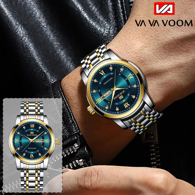 VA VA VOOM Luxury Watch Men Gold Blue Rhinestone Stainless Steel Business Style Original Quartz Movement Week Couple Men Watches