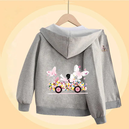 Butterfly Bike Cartoon Sweatshirt for Girls Autumn Long Sleeve Coats Girl Cotton Hoodie with Zipper 5-14T