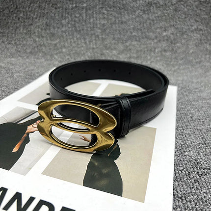 Fashionable Geometric Double Oval Metal Buckle Decorative Belt Versatile Personality High-End Design PU Leather Waistband