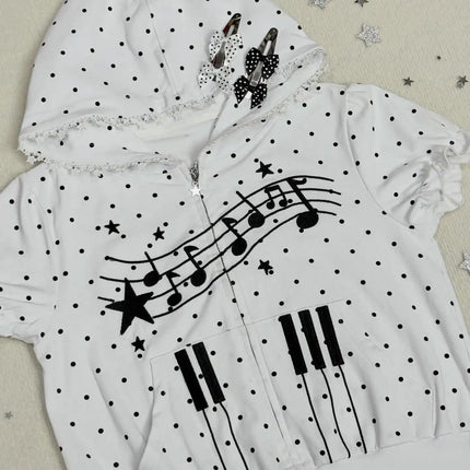 Polka Dot Music Note Print Hoodie Women Zip Up Lace Trim Short Sleeve Y2K Kawaii Coquette Casual Summer Sweatshirt