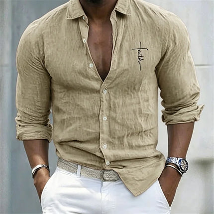 Men's Casual Linen-Like Shirt, 'Faith' Print, Roll-Up Long Sleeve, Button Down, Loose Fit, Beach & Daily Tops
