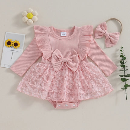 ma&baby 0-18M Baby Girl Romper Newborn Infant Jumpsuit Fall Spring Long Sleeve Lace Ruffle Clothes Headband Outfits