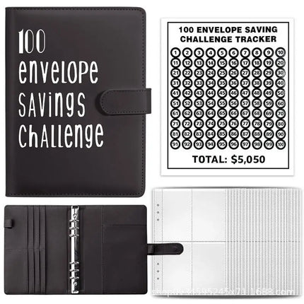 100 Envelope Savings Challenge Binder, PU Leather Budget Planner Book, Money Saving Challenge Notebook for Cash Budgeting Financial Planning