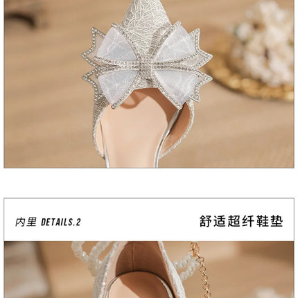 Spring Pointed Toe Party Wedding Shoes for Women, Bride Bow Thick Heel Silver Sequin Fairy Lolita Style Single Shoes