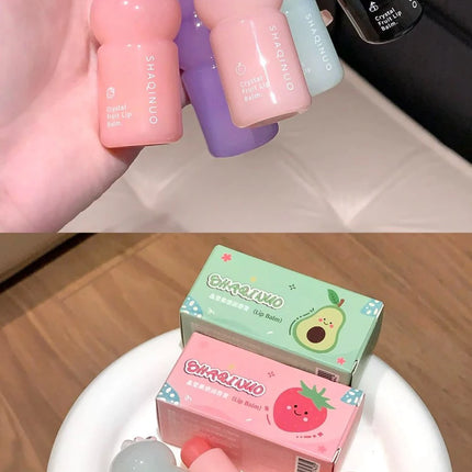Crystal Strawberry Lip Balm Moisturizing Hydrating Lips Mask Stick Reduce Lip Lines Key Chain for Lip Care Change Color Lipstick