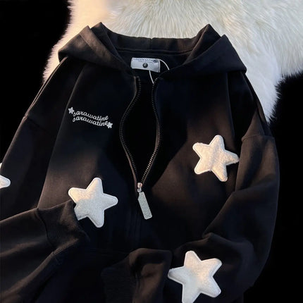 American Vintage Star Patchwork Angel Wings Zipper Hooded for Women Autumn Winter Casual Loose Long Sleeved Cardigan Sweatshirt