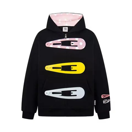 Womens Oversized Zip Up Hoodie Colorful Giant Hair Clip Barrette  Pink Black Grey Long Sleeve Cropped Sweatshirt Hooded Jacket