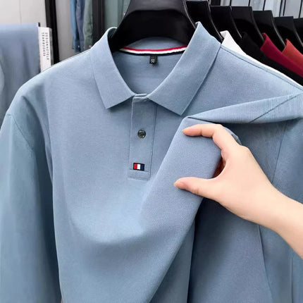 Men's turn-down collar T-shirt, long-sleeved, autumn business style, 100% cotton, casual Polo shirt, men's top, Polo shirt