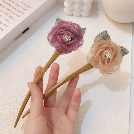 New Rose Hair Stick Bun Flower for Women Girls Elegant Wooden Hair Fork Chinese Style Fashion Hairpin Hair Accessories Headwear